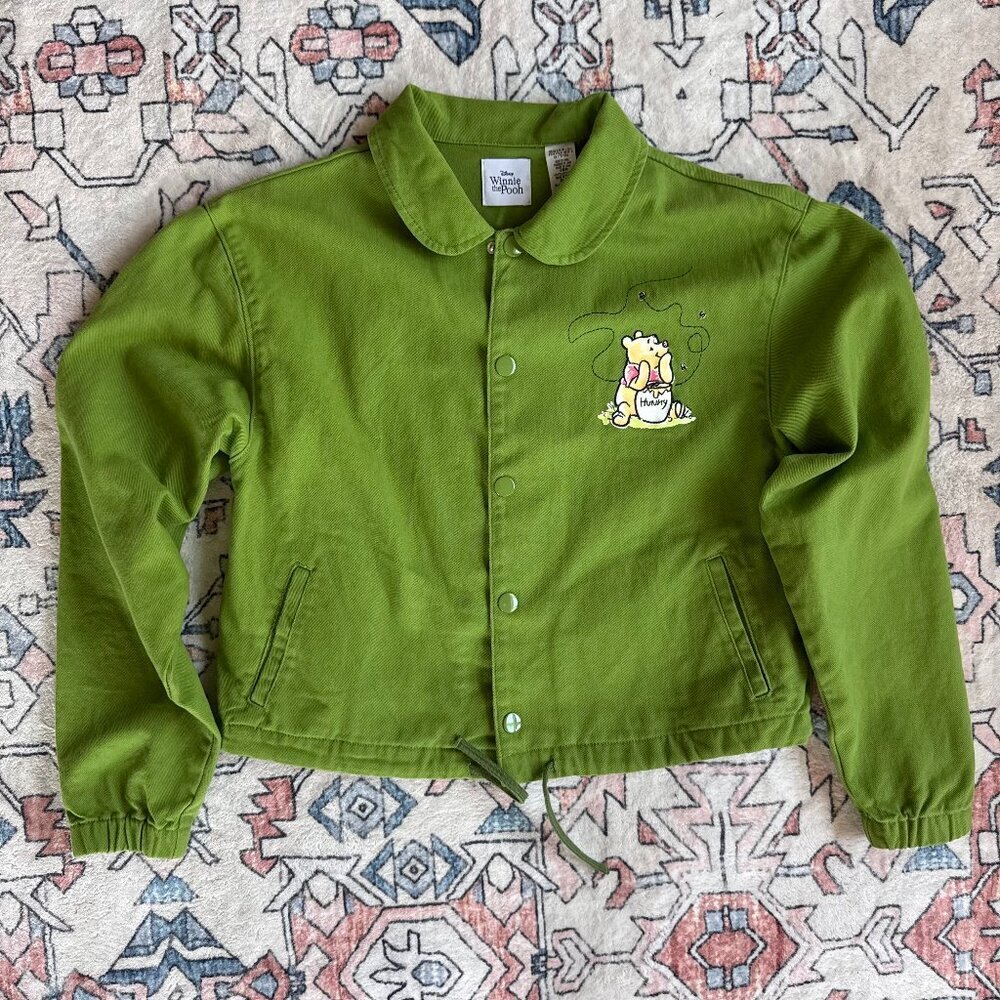 Disney Winnie the Pooh Women's Green Cropped Embroidered Denim Jacket - size L